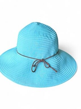 Women's Wide Brim Sun Hat in Turquoise with Brown Tie Accent